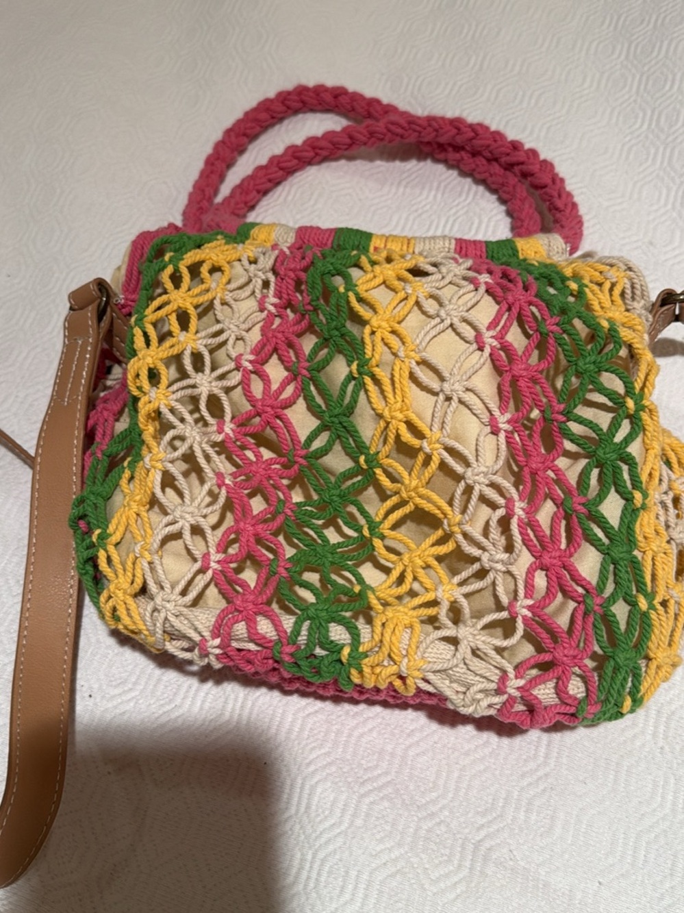 Universal Thread Multicolor Crochet Crossbody Bag with Tan Strap